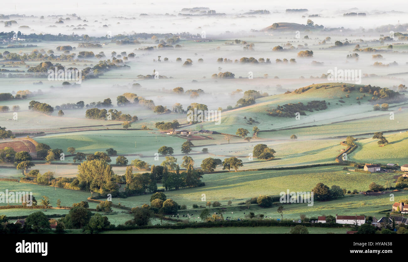 SOMERSET, REINO UNIDO: niebla mantas Mendip Hills. Obsesionantes imágenes muestran la legendaria Avalon traídos a la vida por un soplo de niebla. Glastonbury Tor ha sido transformado de nuevo en la isla de Avalon que fue, según la leyenda del Rey Arturo. Otras imágenes muestran cómo desde inquietantemente hermoso Exmoor en Somerset a las colinas de Dorset, la campiña británica en la niebla nunca ha tenido un aspecto tan impresionante. Estas sorprendentes imágenes fueron tomadas por el gerente de ventas de Bob pequeño (45) de Stogursey, Somerset, explicó cómo sus imágenes de Glastonbury Tor llevar el espíritu del Rey Arturo leyenda británica a la vida. Foto de stock