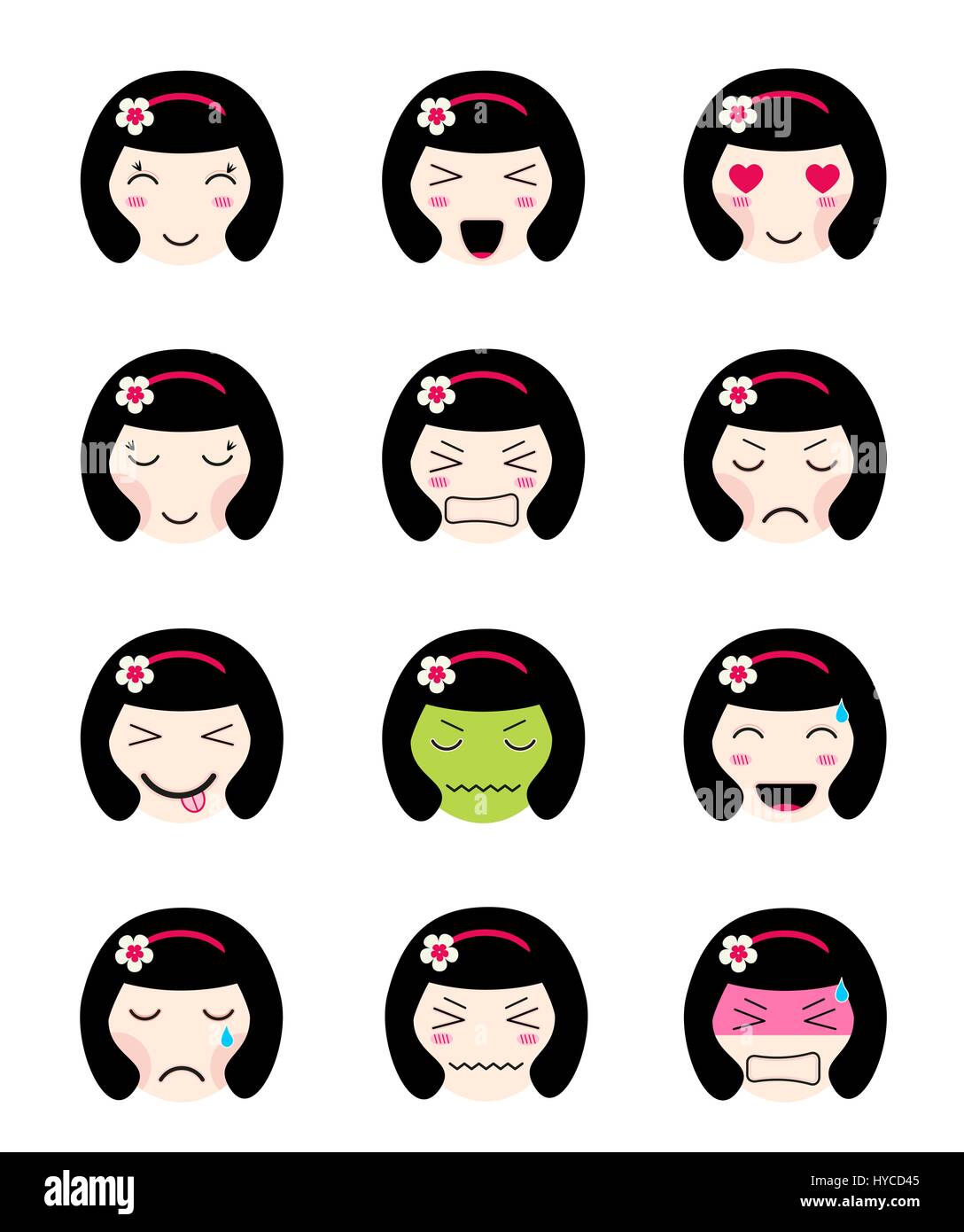 Cute emoji colección. Kawaii niña de Asia enfrentan diferentes humores  Imagen Vector de stock - Alamy
