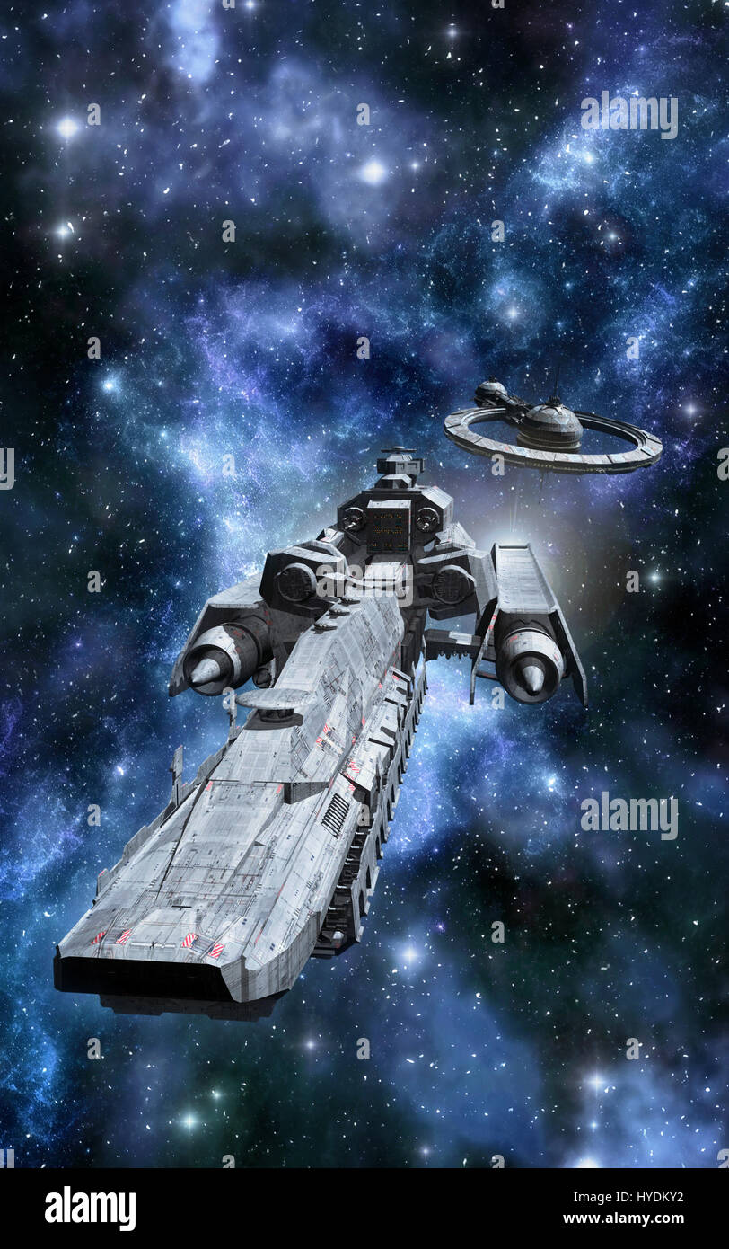 Nave de crucero y la estación espacial 3D Render ilustración de ciencia ficción Foto de stock