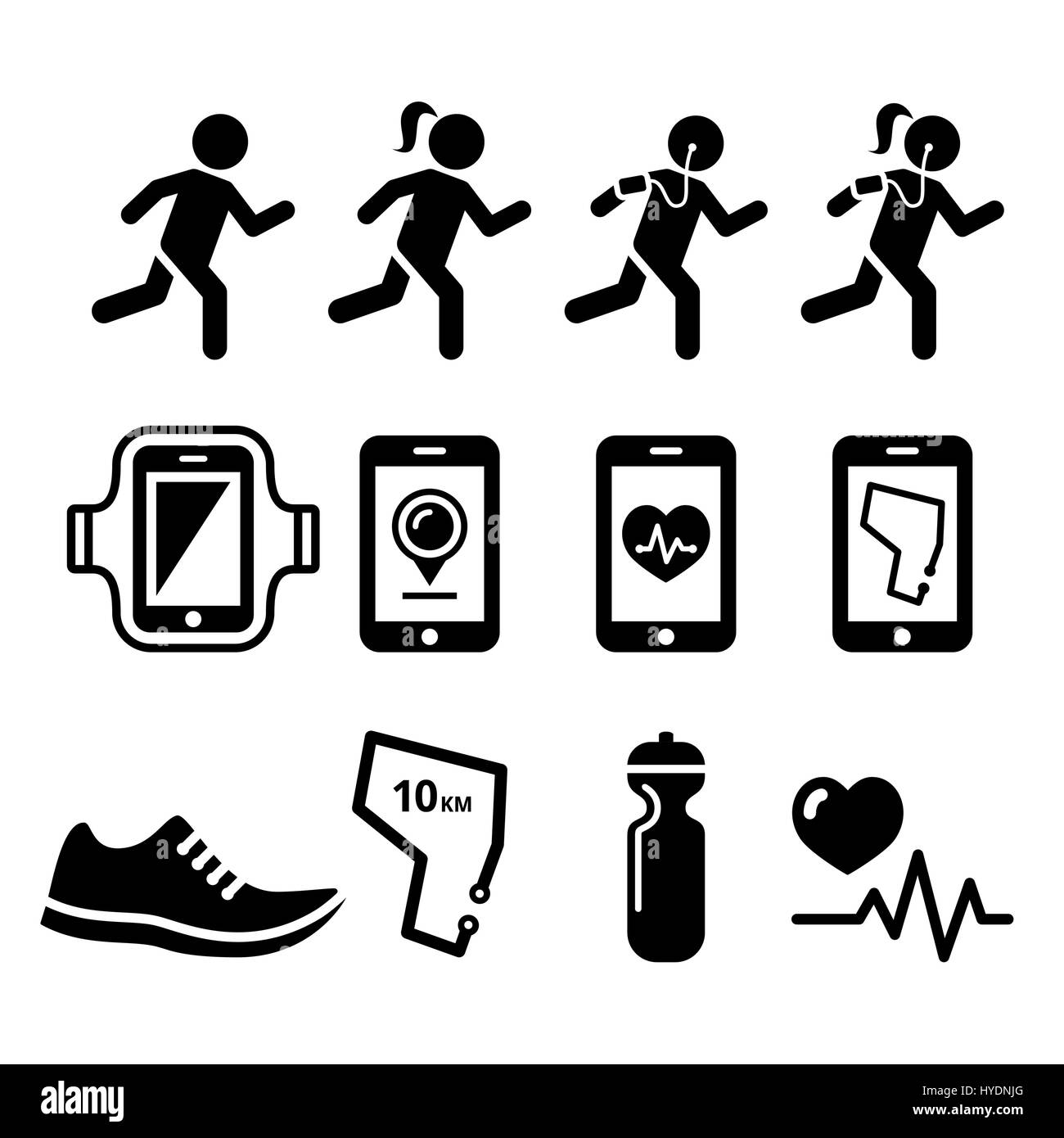 Gente haciendo footing, correr, trotar apps conjunto de iconos Ilustración del Vector