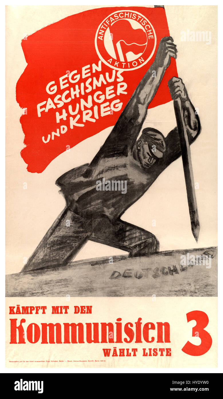 1930 Vintage anti facist anti comunista cartel propagandístico Antifaschistische Aktion - Gegen Faschismus, Hambre und Krieg - Deutschland 'Alemania Foto de stock