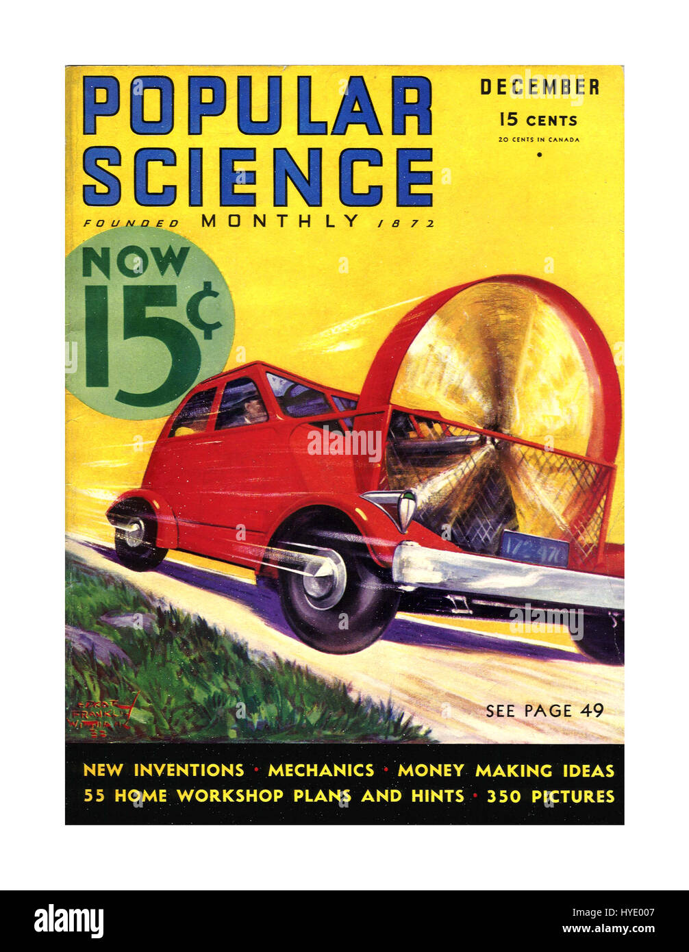 La popular revista mensual Science de 1930, diciembre de 1932, portada que muestra un coche futurista impulsado por paletas giratorias del ventilador. Precio de cobertura a 15 centavos Foto de stock