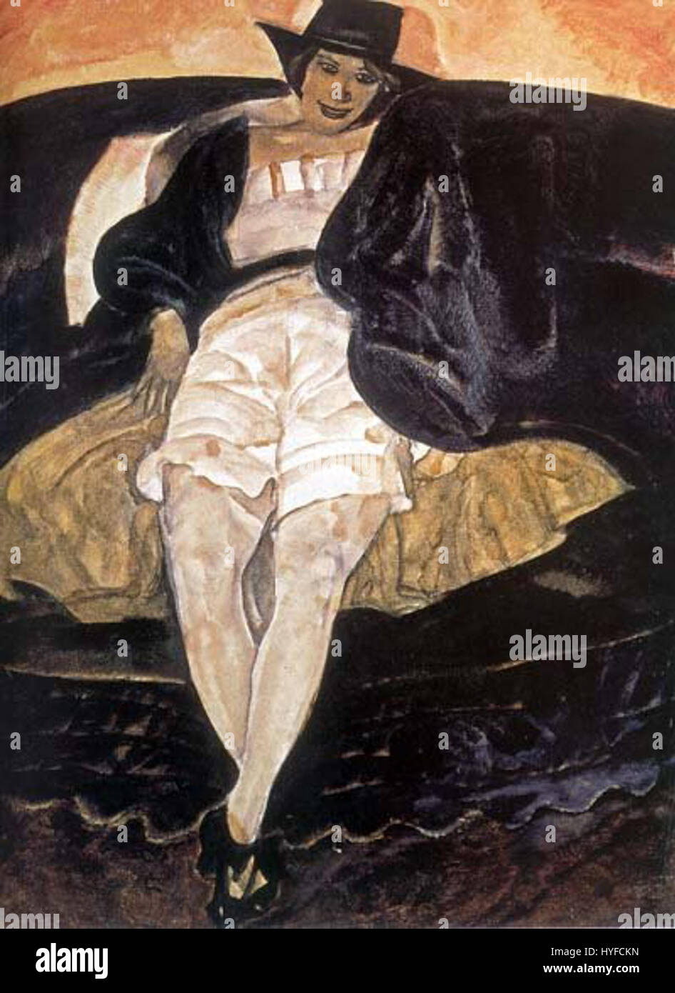 Mujer en sofás negros por B.Grigoriev (1917) Foto de stock