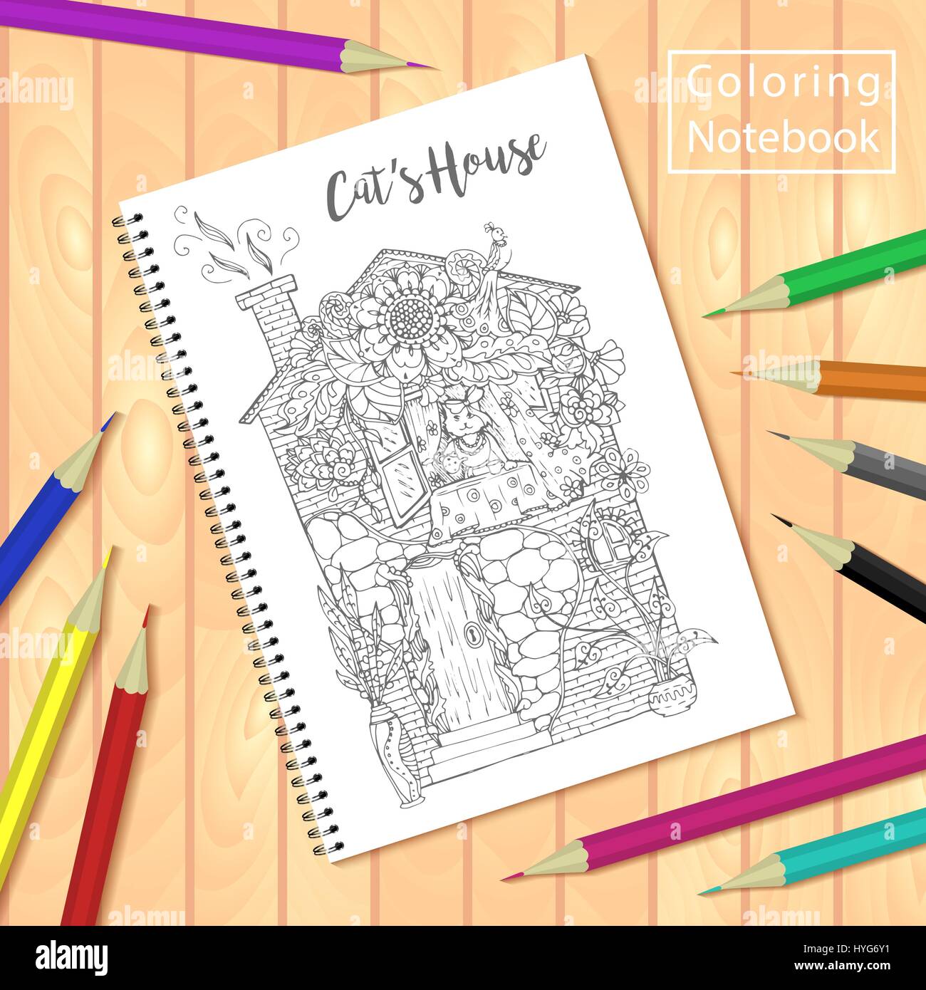 Encuadernación espiral bloc de notas o libro para colorear con lápices y la  imagen, la casa de los gatos Imagen Vector de stock - Alamy