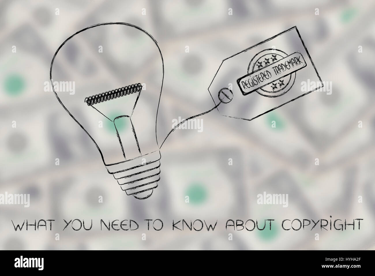 Idea bombilla con etiqueta de marca, concepto de propiedad intelectual y la creatividad Foto de stock