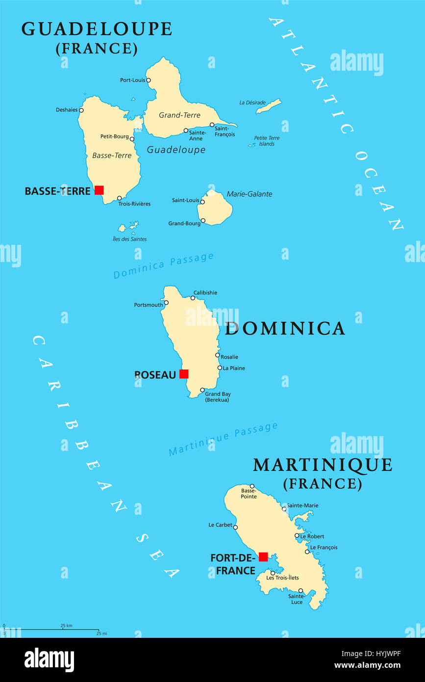 Guadalupe, Dominica y Martinica mapa político con capiteles Basse-Terre,  Roseau y Fort-de-France. Islas en el Mar Caribe Fotografía de stock - Alamy