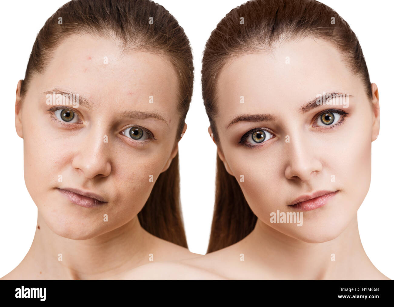 Mujer joven antes y después del maquillaje. Foto de stock