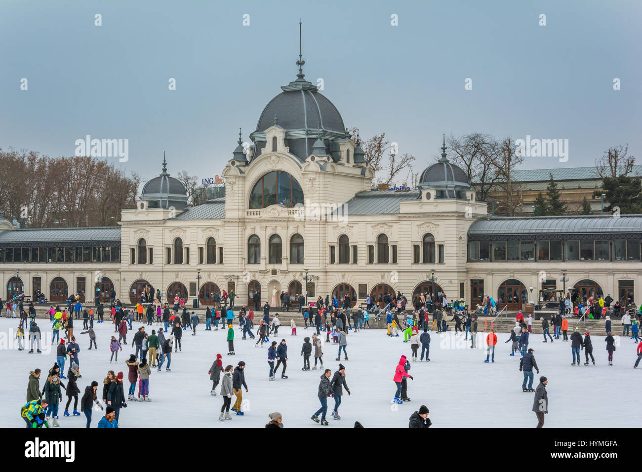 Patinar sobre hielo en Budapest City Park, diciembre-18-2016 Foto de stock