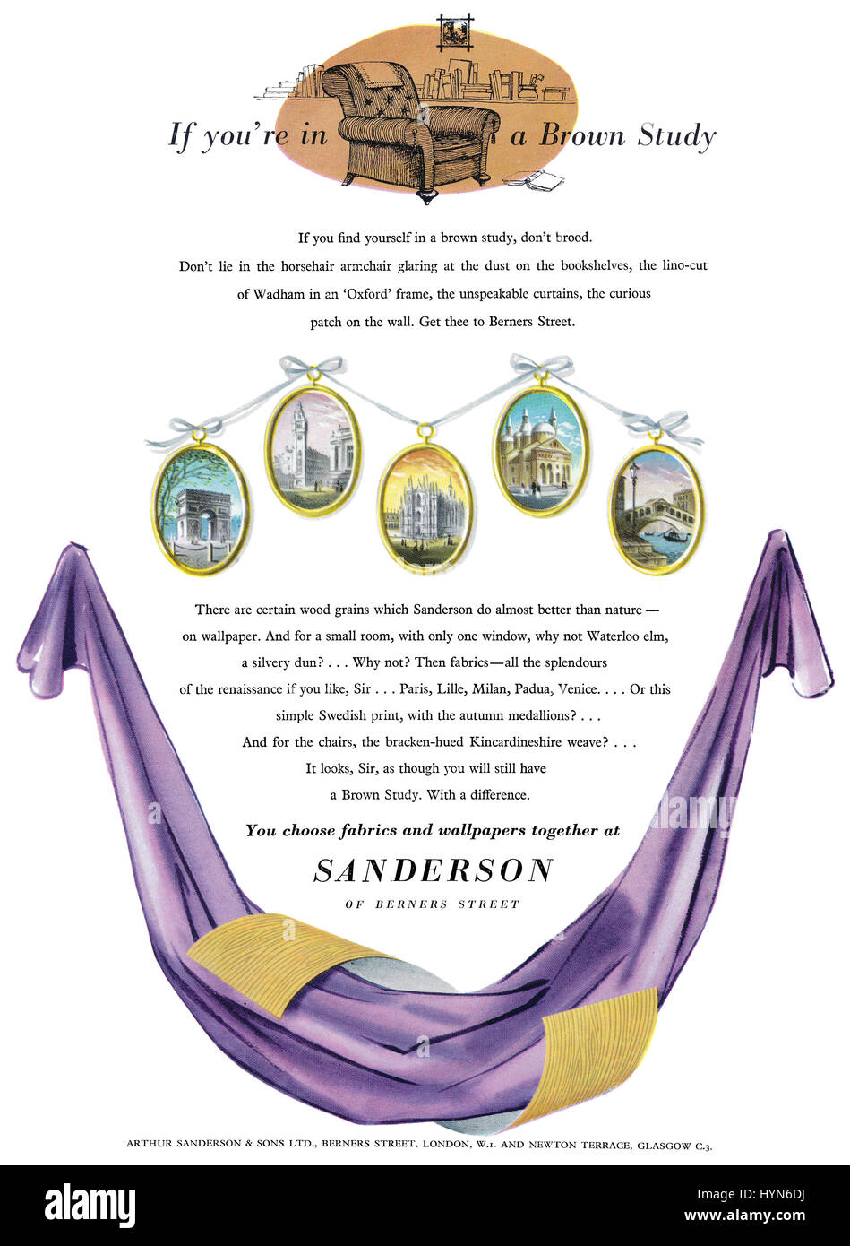 1953 anuncio británico para Sanderson telas y papeles tapiz. Foto de stock