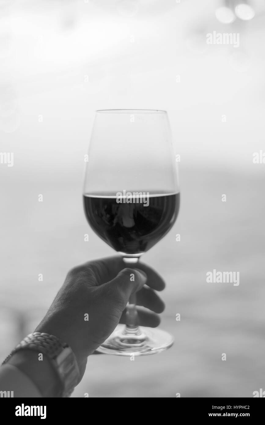 Blanco y negro vertical Hombre sujetando un vaso de vino tinto Foto de stock