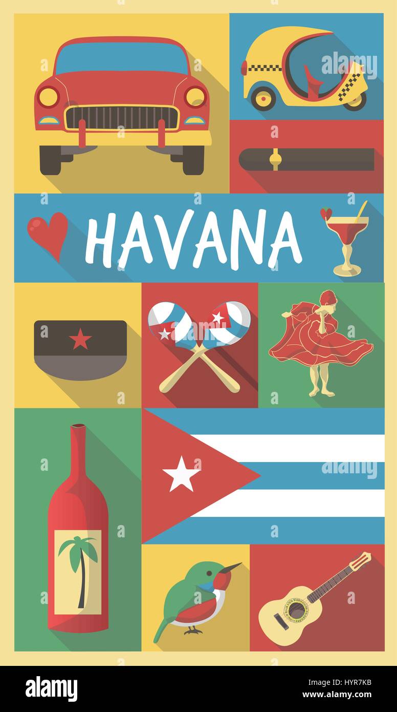 Dibujo retro de Cuba La Habana símbolos culturales en un afiche y una Postal Ilustración del Vector