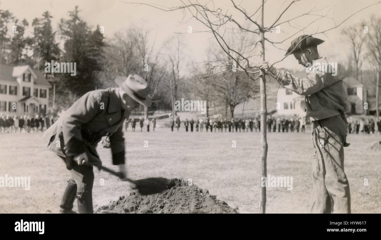 Fotografía de 1944 de antigüedades, un empleado del gobierno y un chico de plantar un árbol. Ver Alamy HYW612 para una vista alternativa de esta escena. Los detalles exactos de esta imagen son desconocidos. Ubicación: posiblemente de Nueva Inglaterra en los Estados Unidos. Fuente: impresión fotográfica original. Foto de stock