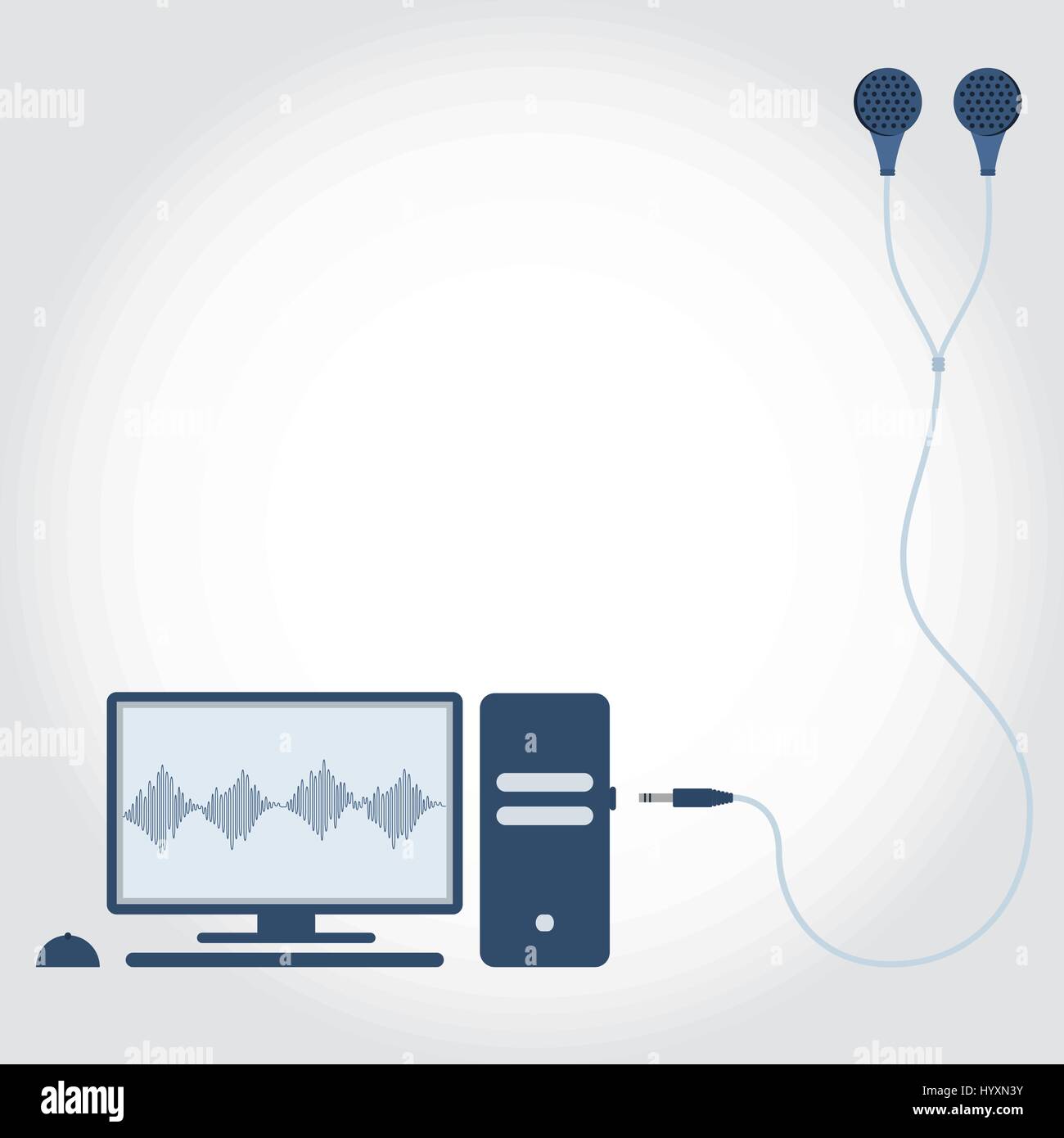 Auricular con cable y equipo desenchufado. Símbolo de la onda de sonido aparece en el monitor. Espacio vacío para insertar texto. Diseño plano. Ilustración del Vector