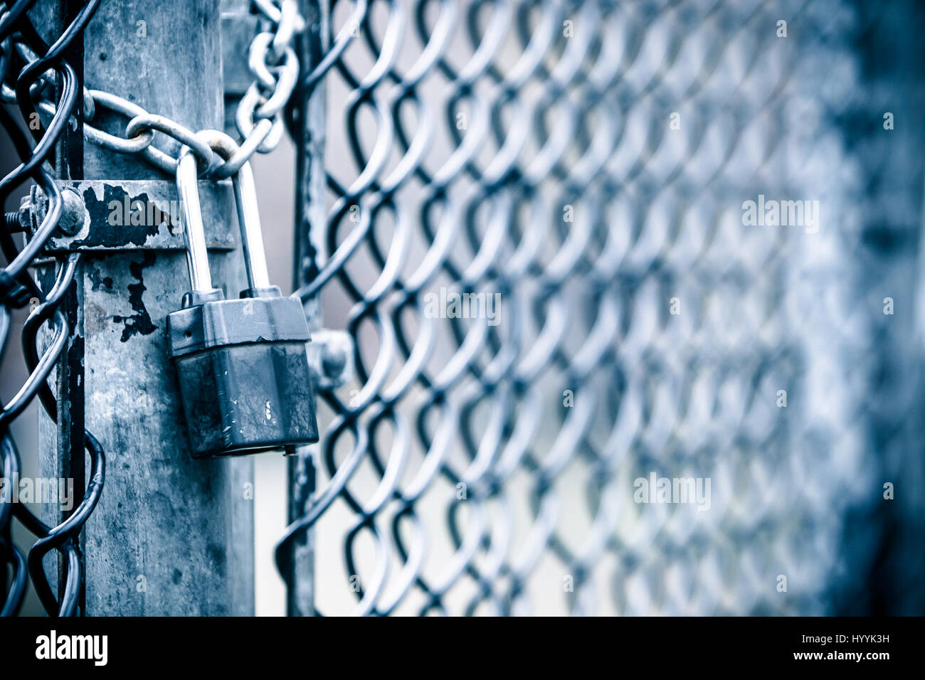 Valla de alambre de pollo puerta está bloqueada con una cadena y un candado. Imagen de tonos. Foto de stock