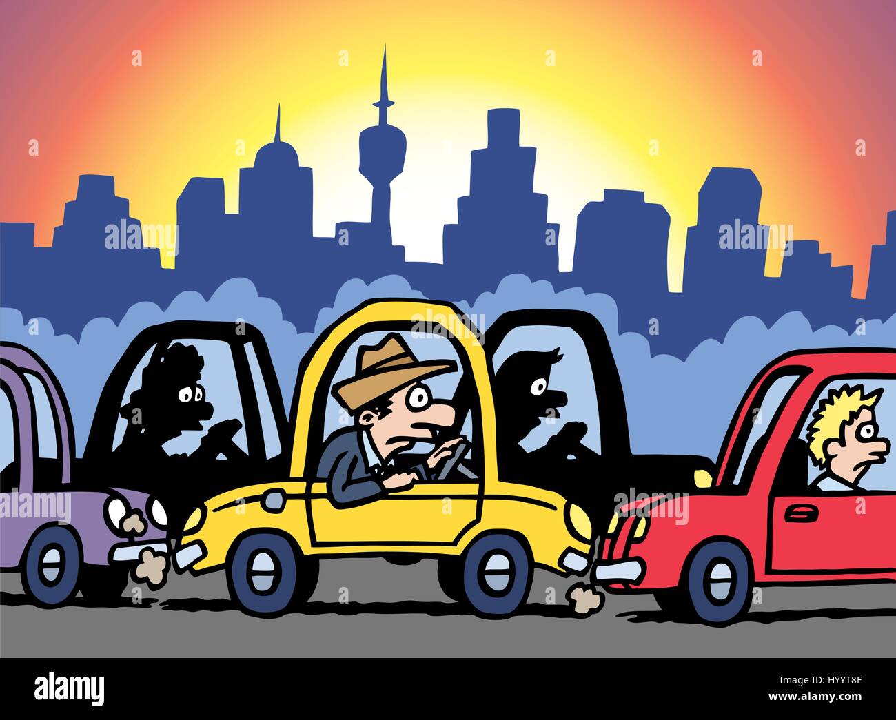 Atasco de tráfico, el hombre atrapado en el coche. Ilustración