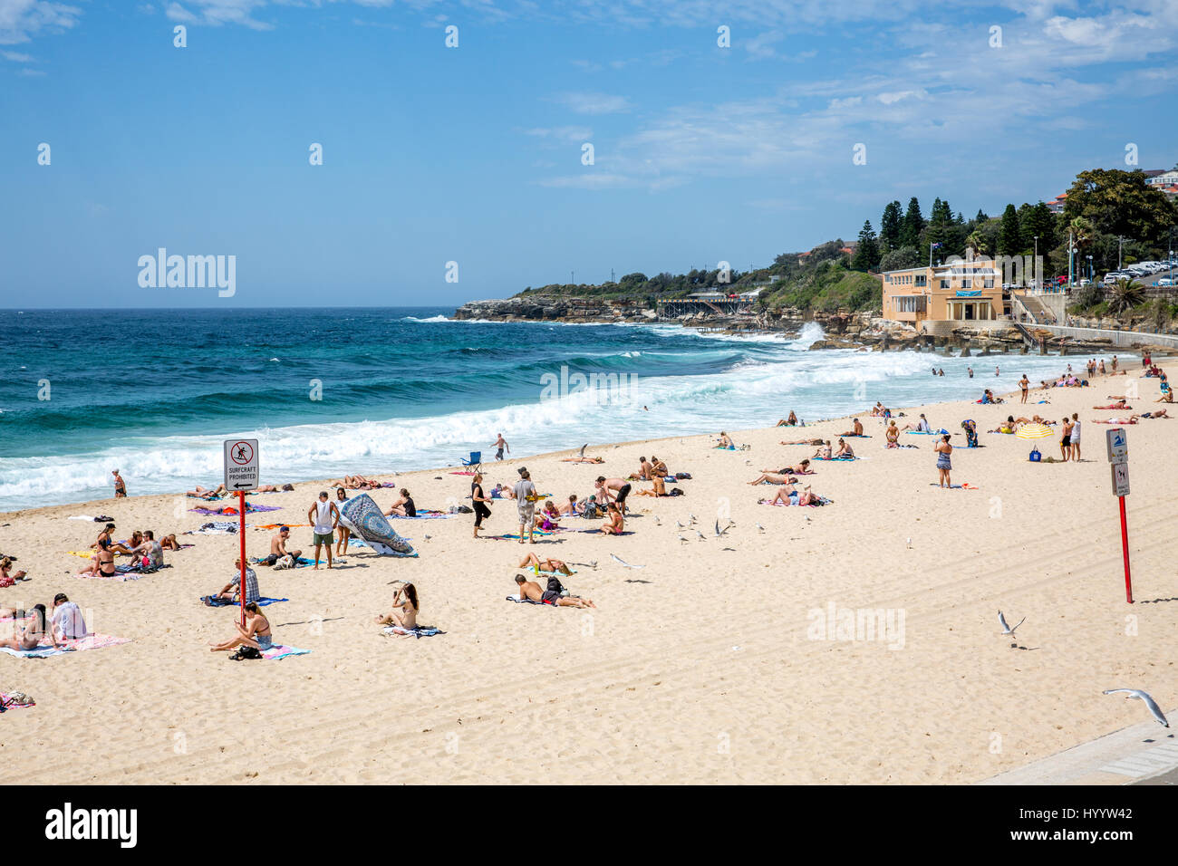 Coogee Beach en Sydney suburbios orientales, ocupado con la gente en un día de verano,Sydney,Australia Foto de stock