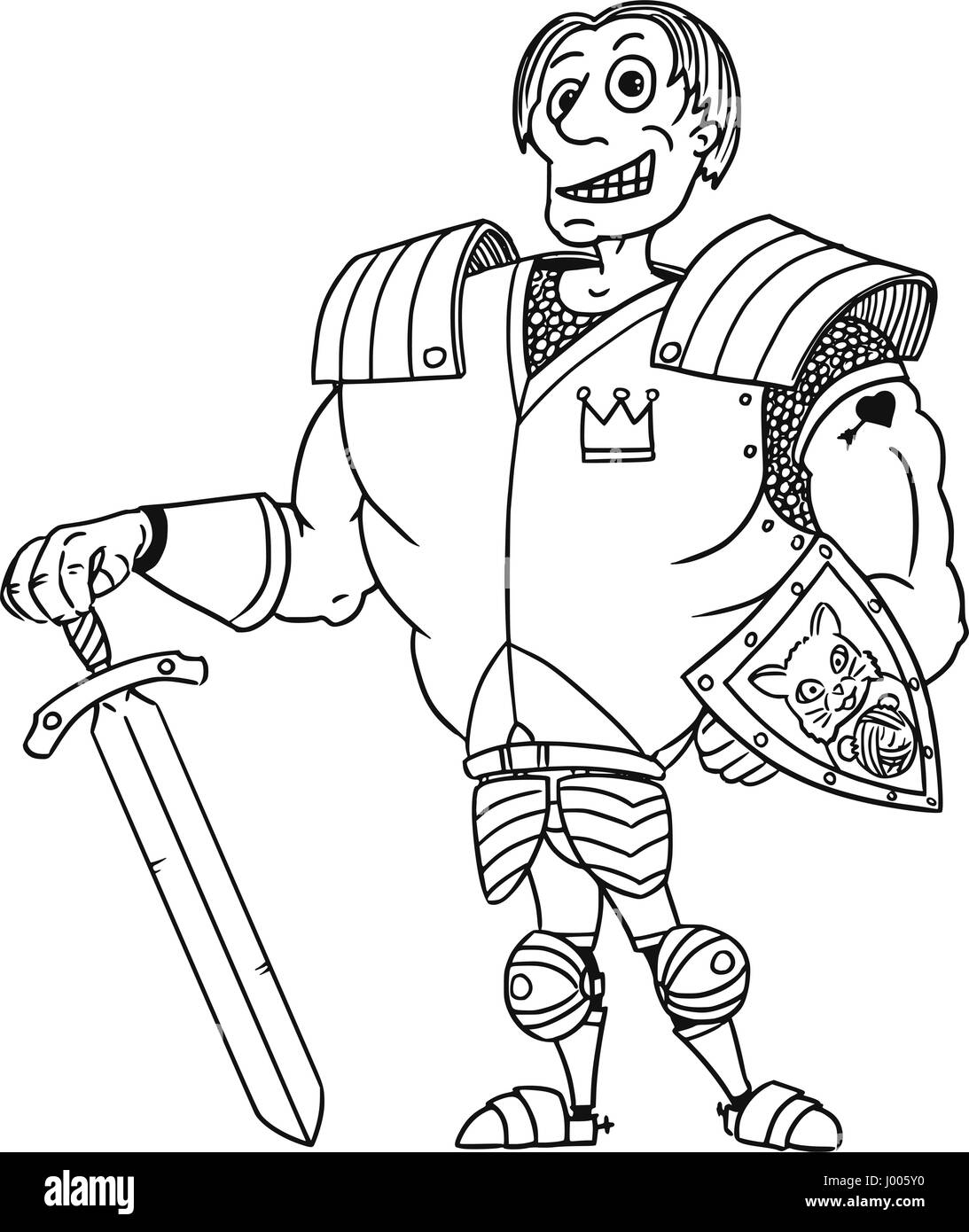Cartoon vectores reales medievales fantasía antiguo Príncipe Encantador héroe caballero con armadura, espada, escudo y sonrisa Ilustración del Vector
