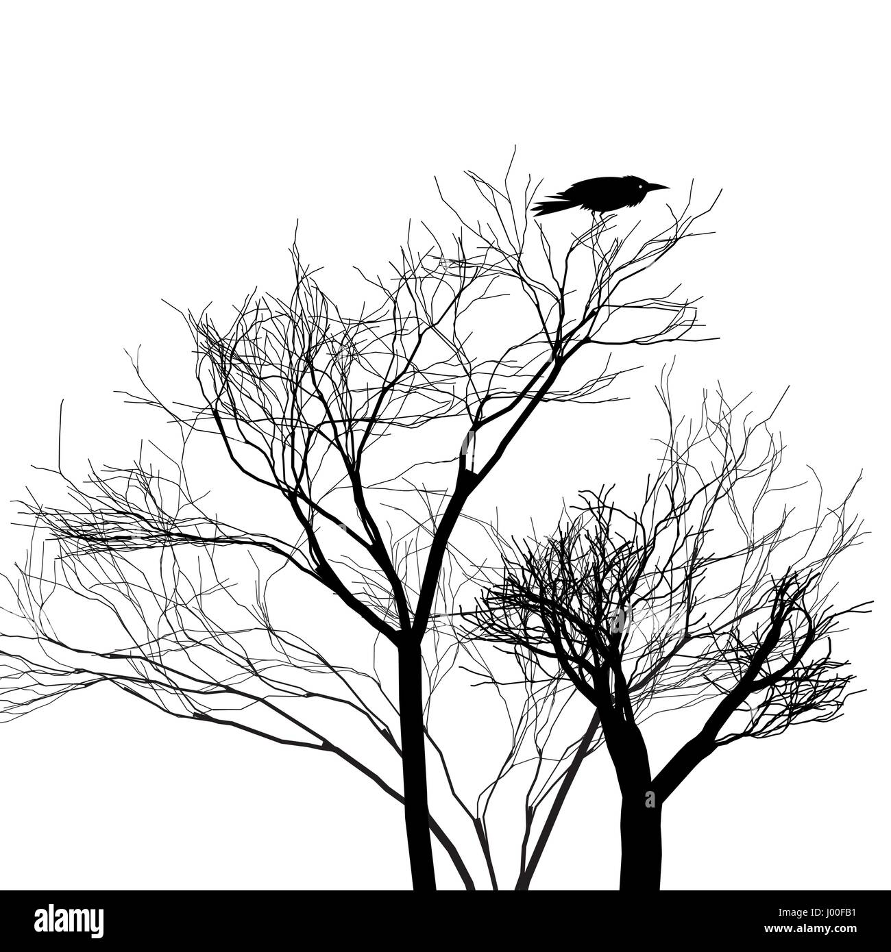 Gráfico de árboles con un cuervo sobre un fondo blanco. Ejemplo de diseño Ilustración del Vector