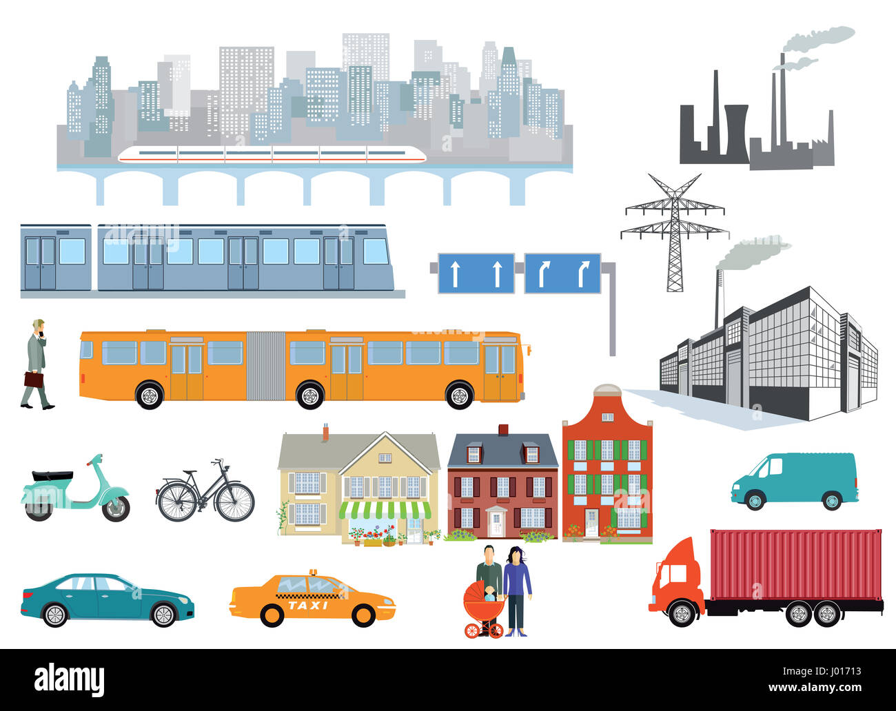Comunidad con el tráfico por carretera, el transporte y la industria, infografía, ilustración vectorial Foto de stock