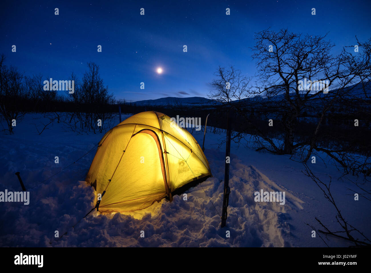 Esquí de travesía en la región y el parque nacional Abisko, Suecia, Europa Foto de stock