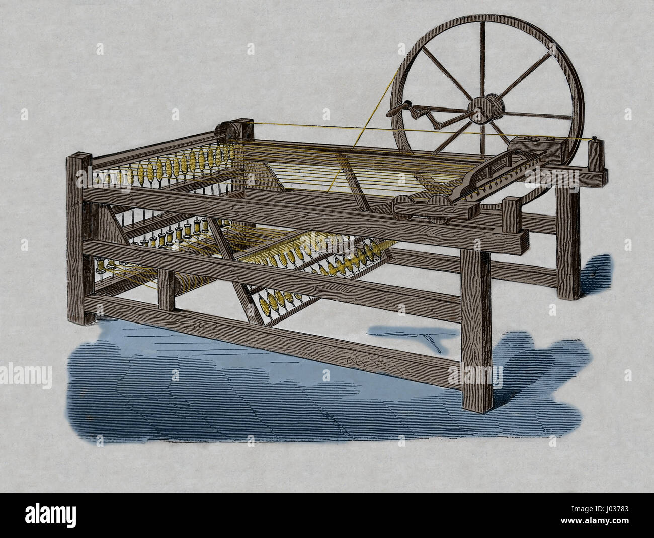 Revolución industrial. Hargreaves's spinning-Jenny, inventada en los 1760s. Grabado, nuestro siglo, 1883. Edición en español. Foto de stock
