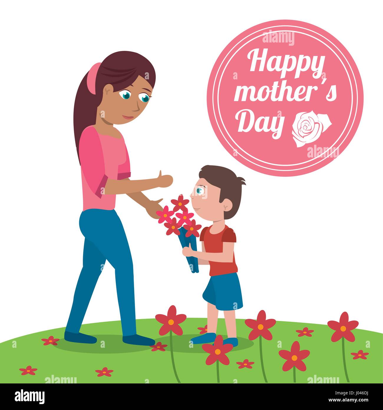 Feliz Dia De La Madre Tarjeta Mama Con Hijo Ramo De Flores Prado Imagen Vector De Stock Alamy
