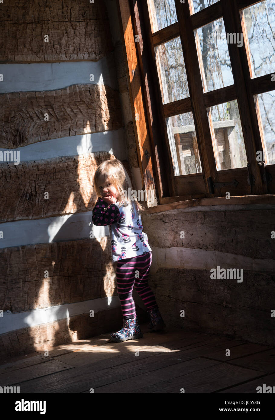 Bonita niña de 4 años de antigüedad en un colorido vestido azul en la  cabaña Fotografía de stock - Alamy