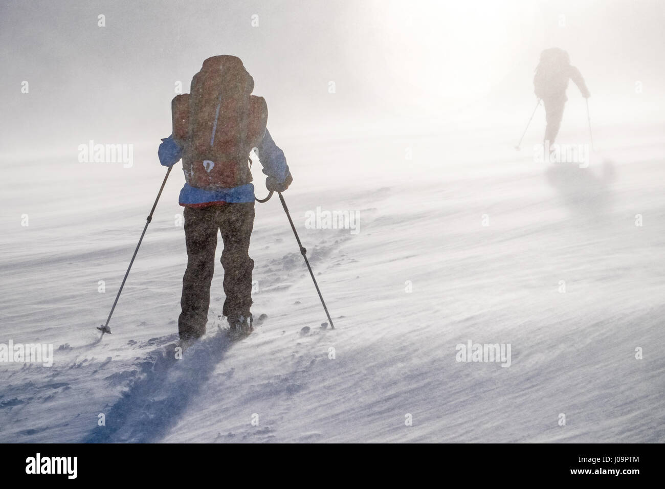 Esquí de travesía en una tormenta en el Ártico en la frontera noruega Troms Trail Foto de stock