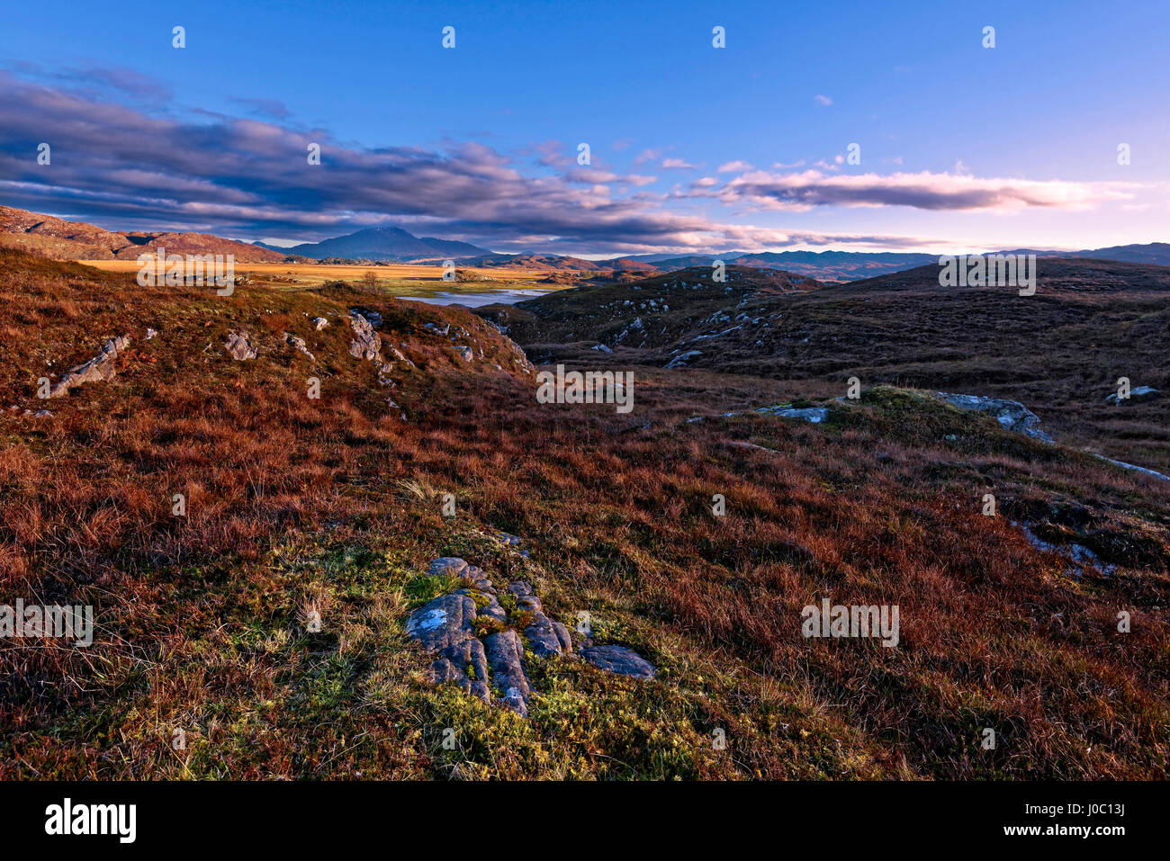 Vista otoñal de coloridos pastos y rocas y montañas brumosas en los páramos de las Tierras Altas de Escocia, Scotland, Reino Unido Foto de stock