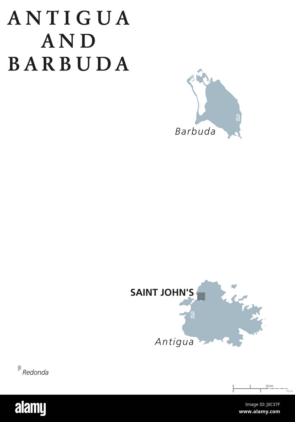Antigua y Barbuda mapa político con capital Saint Johns. País de islas gemelas del Caribe. Parte de Antillas Menores y las Islas de Sotavento. Foto de stock