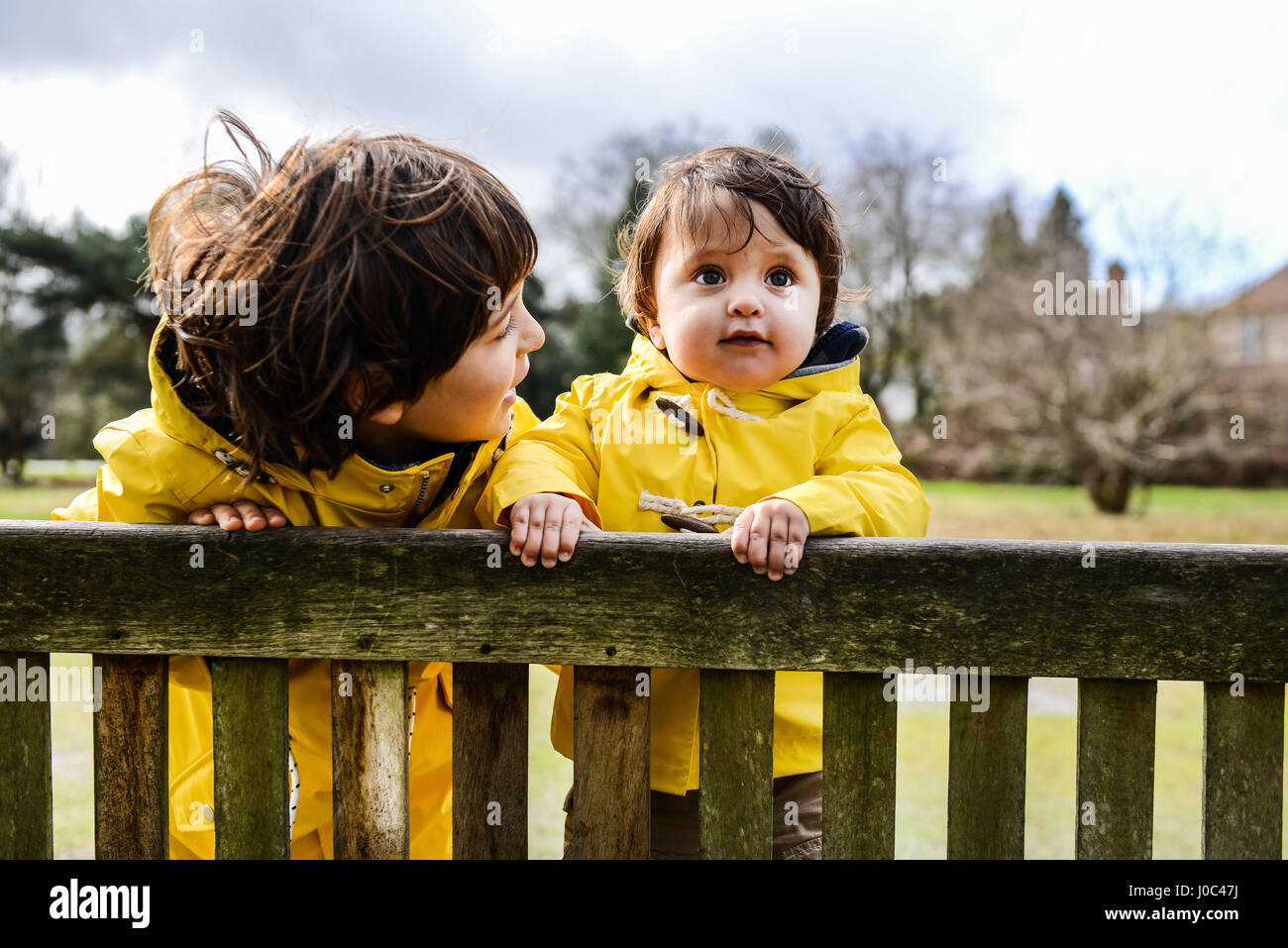 Retrato de Baby Boy y big brother en amarillo los anoraks en un banco del parque Foto de stock