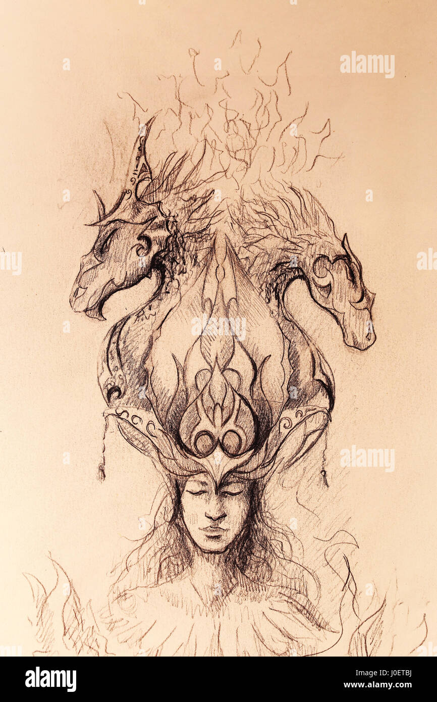 Hombre en Fuego místico y dragones ornamentales, dibujo a lápiz sobre papel  Fotografía de stock - Alamy