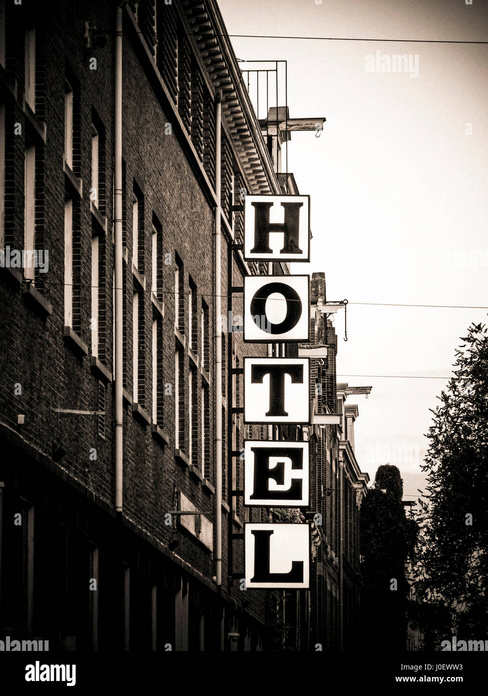 Indicación de Hotel, Amsterdam, Holanda, en la provincia de Holanda del Norte, Hotel firmar. Foto de stock