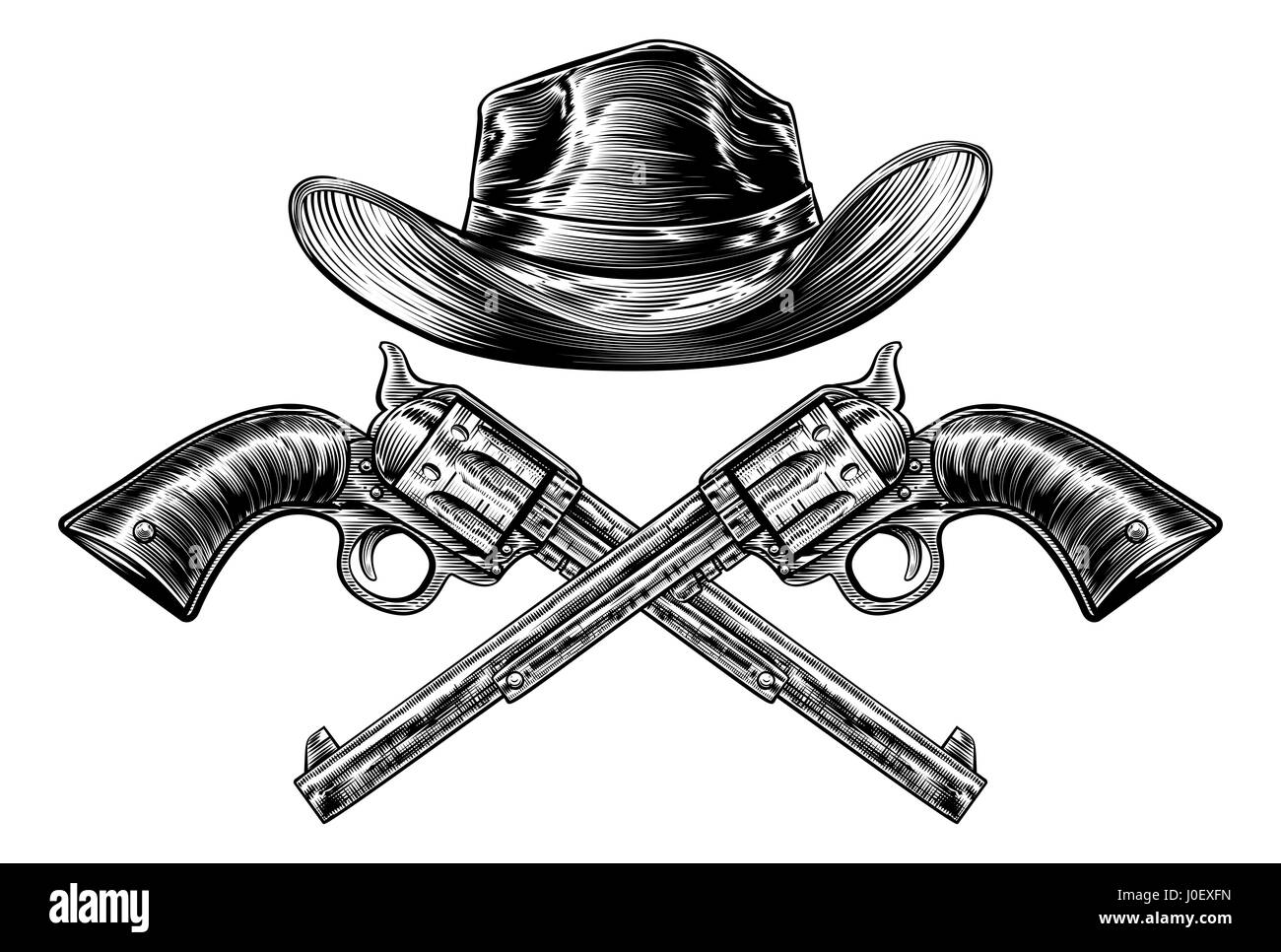 Un sombrero de vaquero del oeste y un par de pistolas pistola cruzado en un estilo vintage grabado grabado Foto de stock