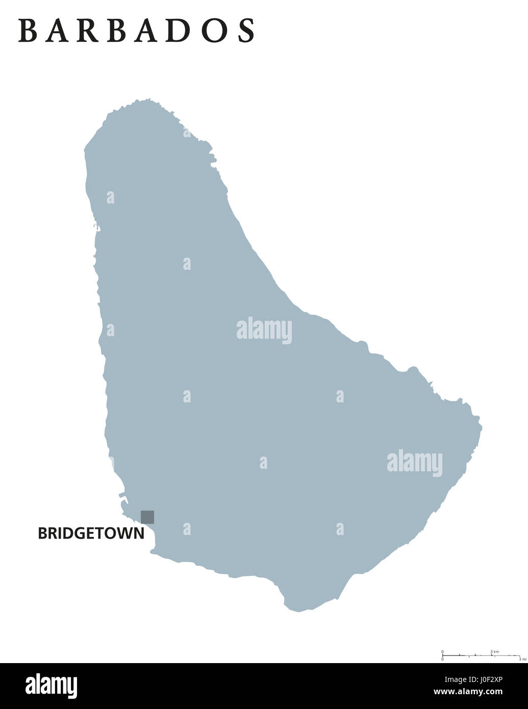 Barbados mapa político con la capital Bridgetown. País insular soberano en las Antillas Menores en las Américas. Ilustración de color gris. Foto de stock