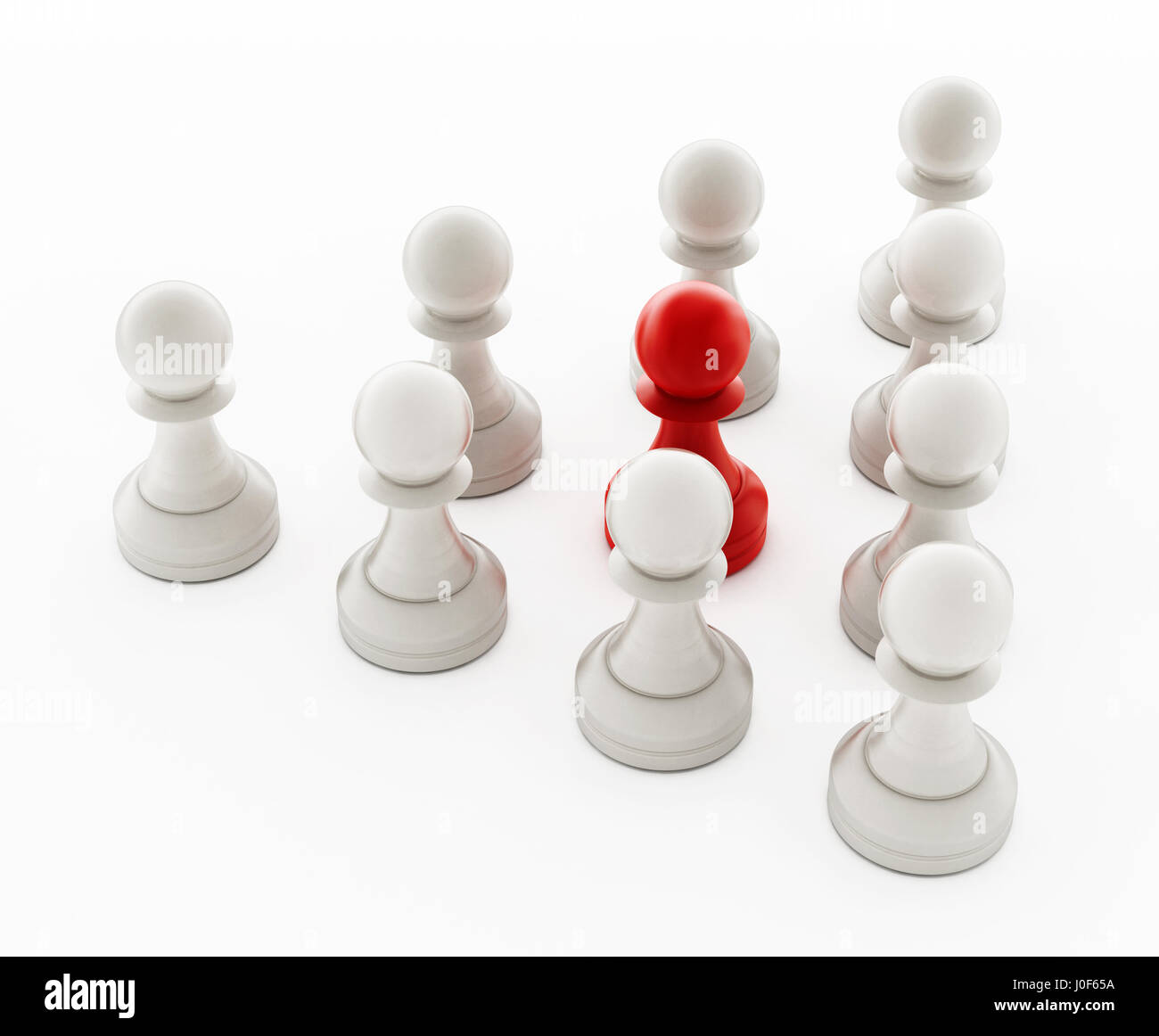 Rojo el peón de ajedrez de pie delante de los peones blancos. Ilustración 3D. Foto de stock