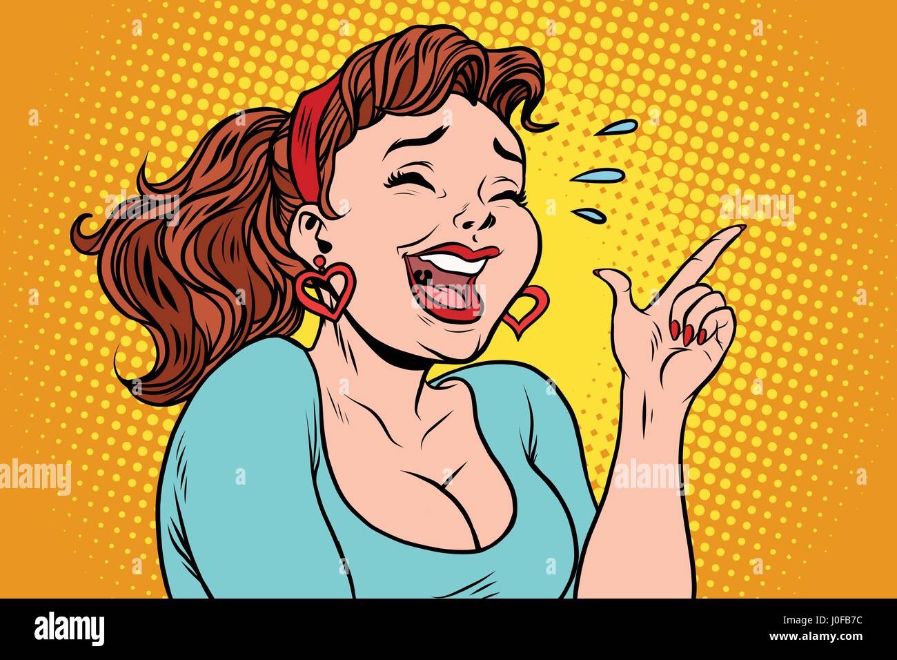 Mujer joven riendo con lágrimas, apunta con el dedo. Historieta cómica ilustración vector retro pop art Ilustración del Vector