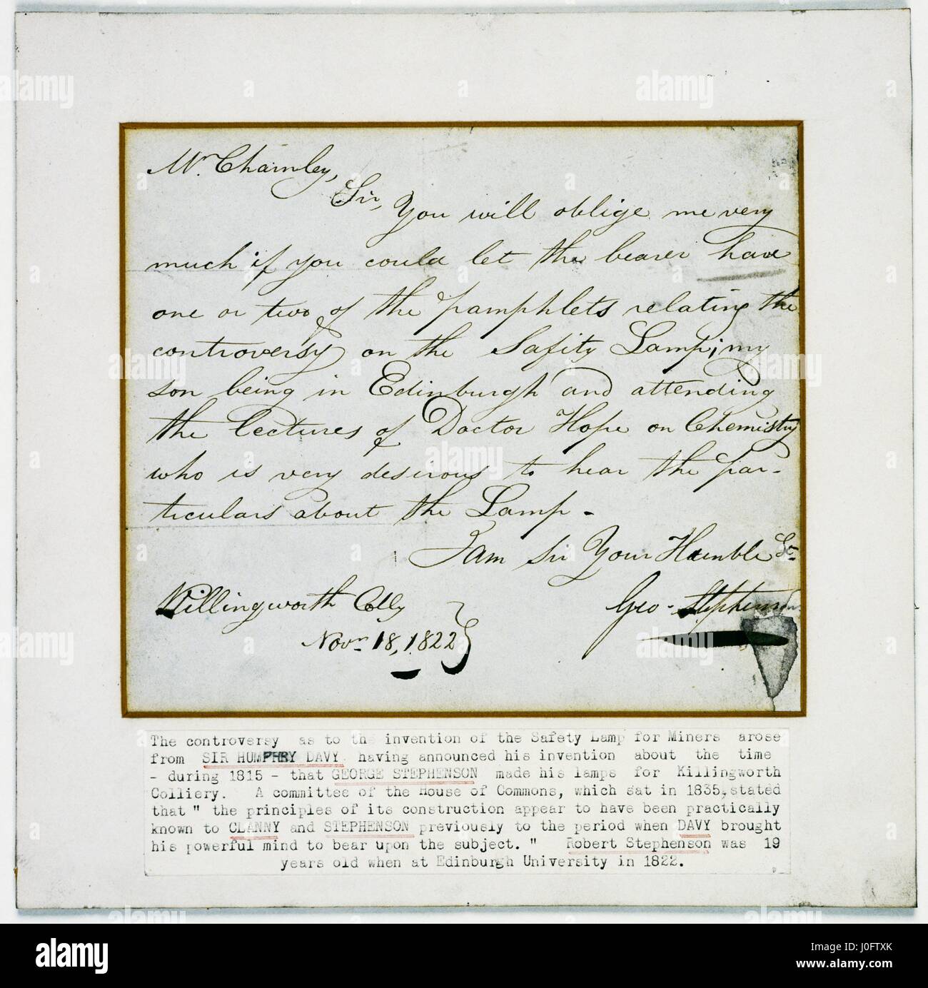 Carta de G Stephenson sobre la controversia de la lámpara de seguridad (Killingworth Colliery) Foto de stock