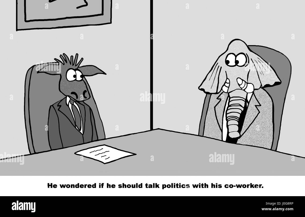 Business tebeo sobre un liberal y un conservador preguntándose si deben hablar de política en el trabajo. Foto de stock