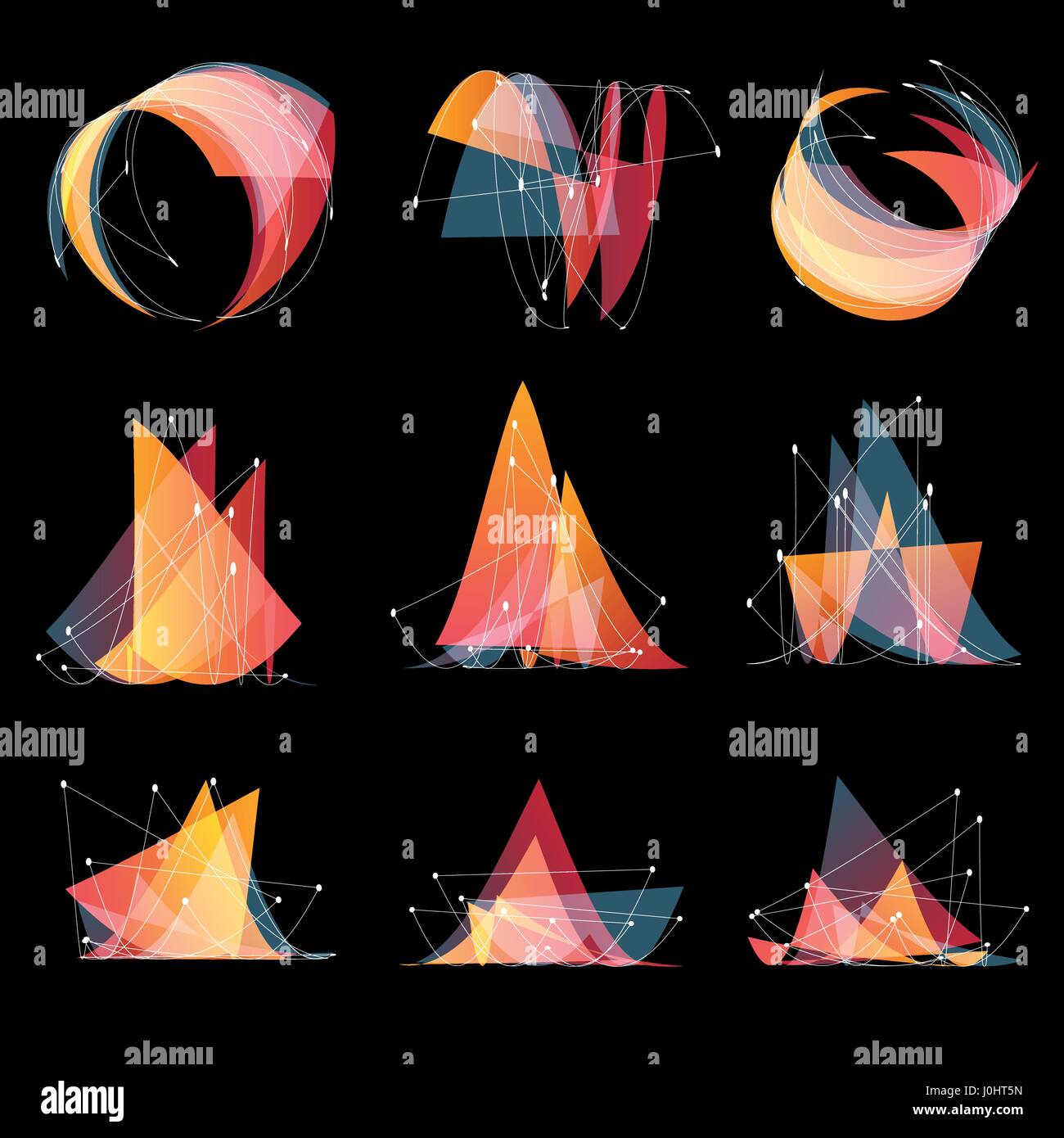 Aislados de color rosa de forma abstracta diferentes logotipos de triángulos, elementos geométricos,bajo estilo poly con puntos sobre fondo negro ilustración vectorial Ilustración del Vector