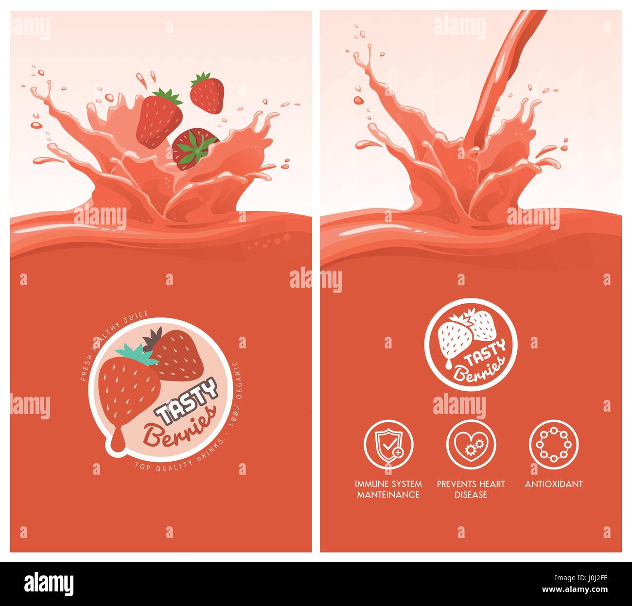 Menú de bebidas con jugo stawberry sanos, frutas de bienvenida, iconos y sabrosas bayas badge Ilustración del Vector