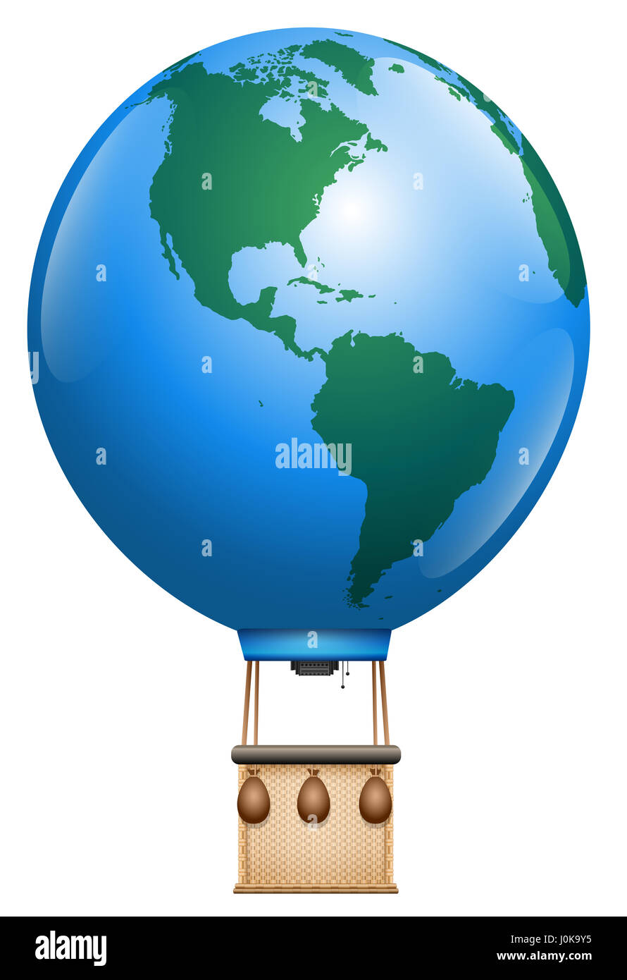 En globo de aire caliente - Planeta Tierra con cesta - símbolo de viaje Vuelta al Mundo u otros problemas de la aviación mundial - Ilustración aislado sobre blanco. Foto de stock