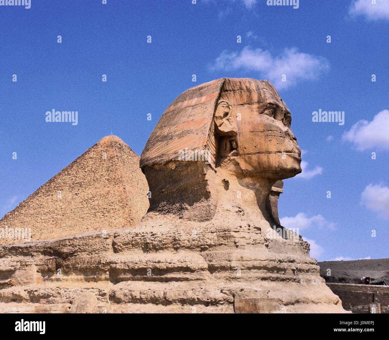 Vista de perfil de la Gran Esfinge de Giza con uno de las pirámides por detrás y un cielo azul y tenues nubes en segundo plano en color de alto contraste dinámico Foto de stock