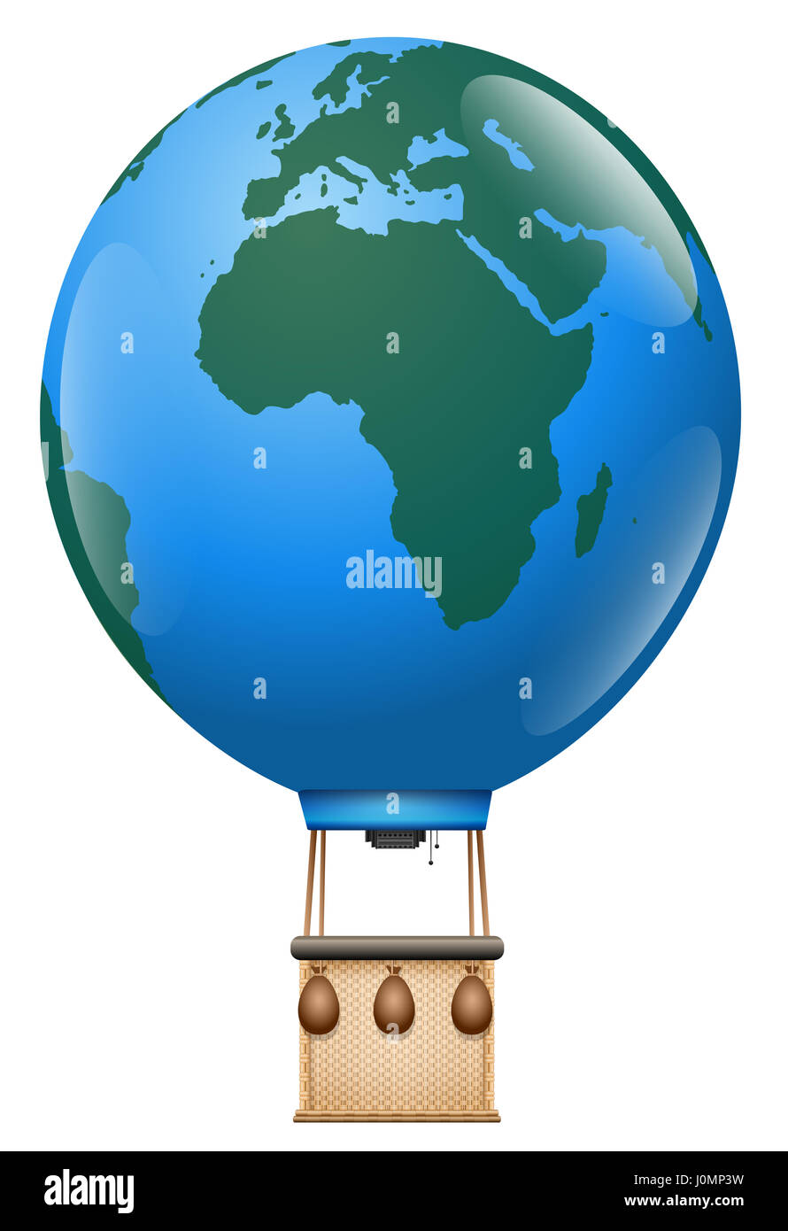 Europa África Viaje - Excursión en globo de aire caliente con el planeta tierra y vintage cesta globo alrededor del mundo - ilustración aislada sobre fondo blanco. Foto de stock