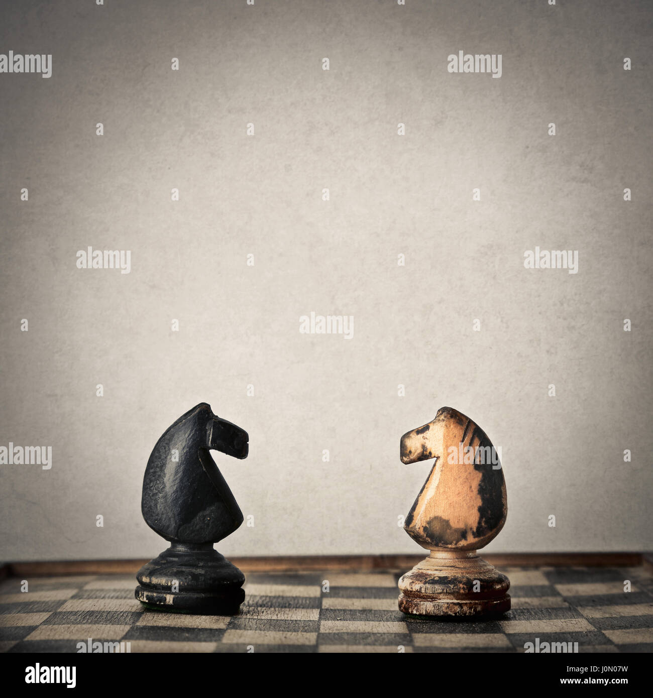 Dos caballos de ajedrez, uno frente a otro Foto de stock