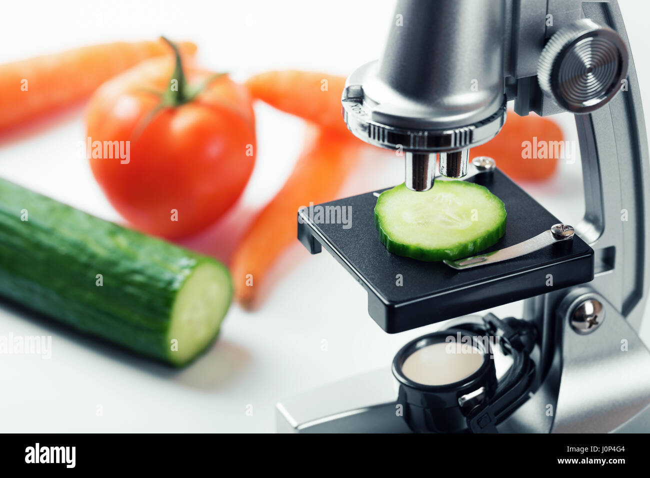 Concepto de control de calidad de alimentos - Inspección de pepino con microscopio Foto de stock