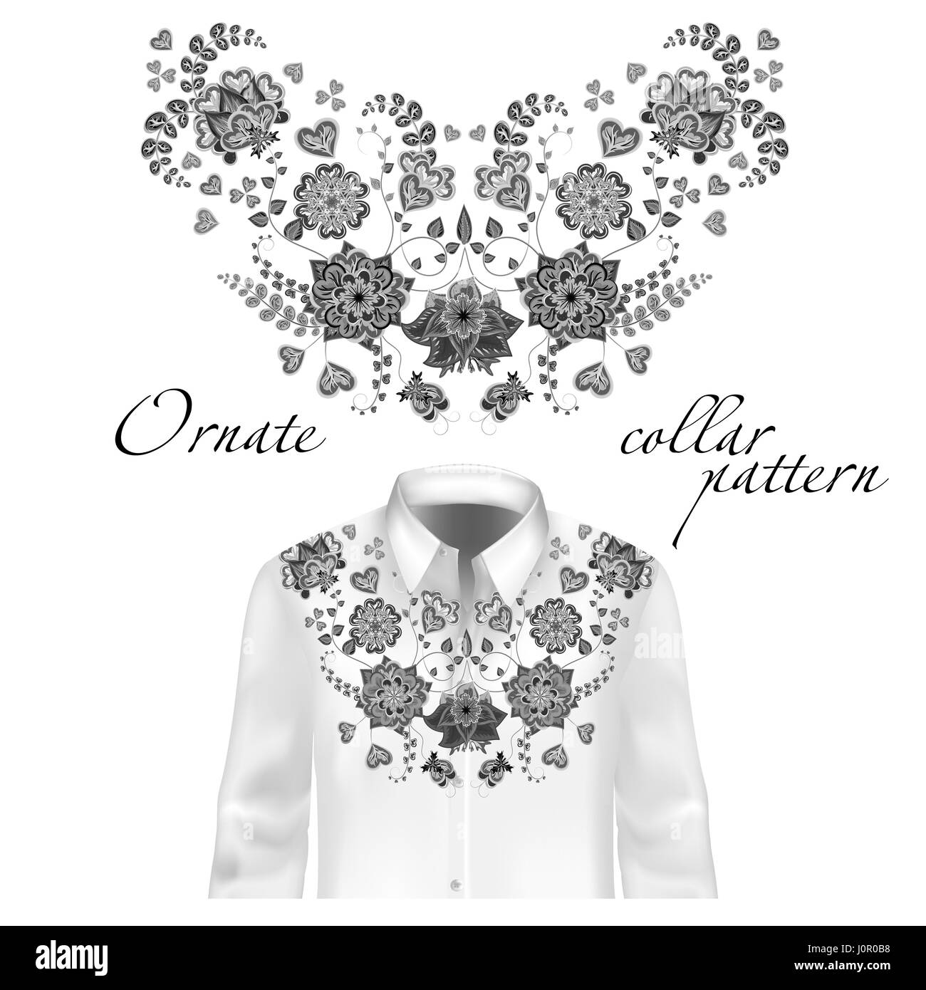 Rizo Floral cuello bordado blusas. La ilustración vectorial. Para decorar la Diseño de collar delantero. Gris sobre camisa blanca boceto Imagen Vector stock Alamy