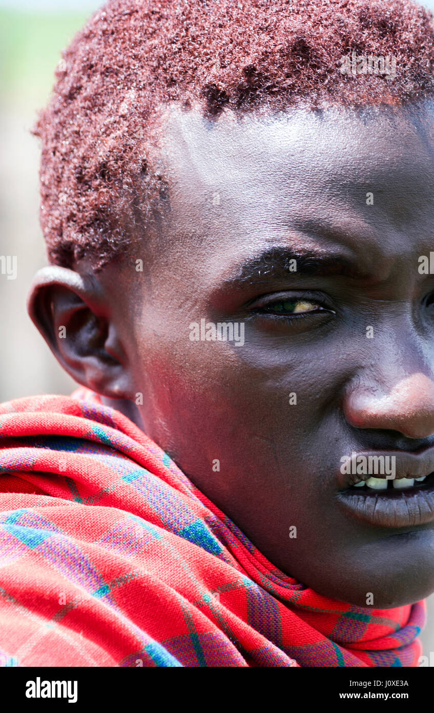 Retrato de un joven Masai hombre con el cabello teñido de color rojo en su  manta roja Fotografía de stock - Alamy