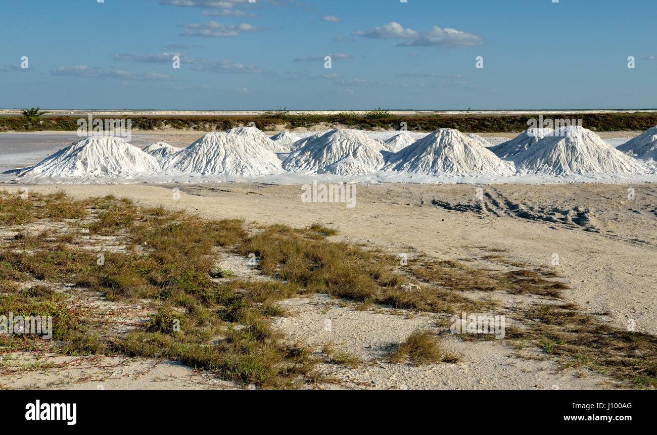Conos de sal, sal cruda, salina en Las Coloradas, Yukatan, México Foto de stock