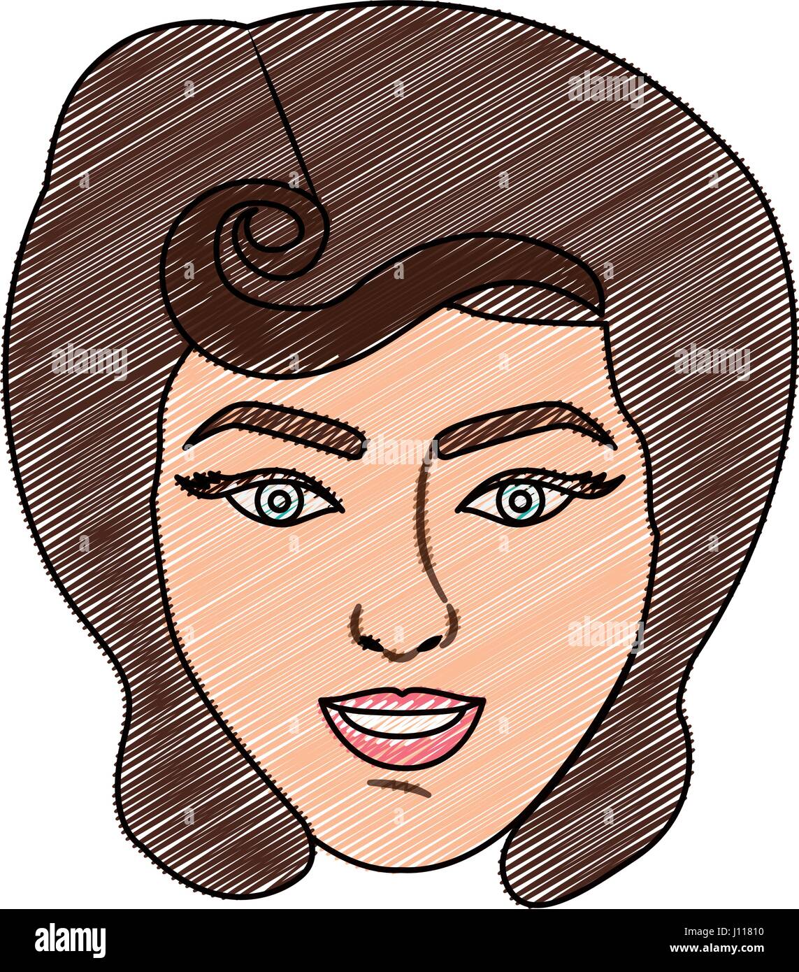 Dibujo a Lápiz de color de la cara mujer con pin up remolino peinado